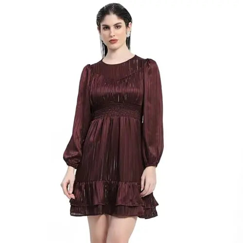 Madame Tiered Hem Cinched Waist Midi Dress Brown SaumyasStore