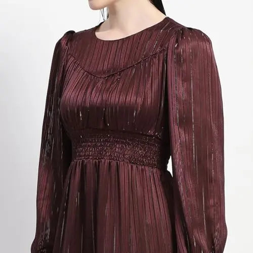 Madame Tiered Hem Cinched Waist Midi Dress Brown SaumyasStore