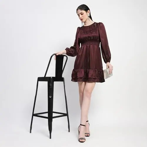Madame Tiered Hem Cinched Waist Midi Dress Brown SaumyasStore