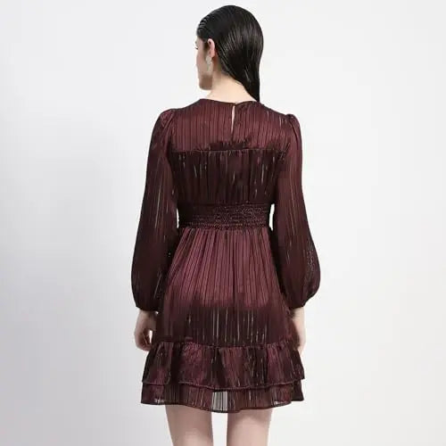 Madame Tiered Hem Cinched Waist Midi Dress Brown SaumyasStore