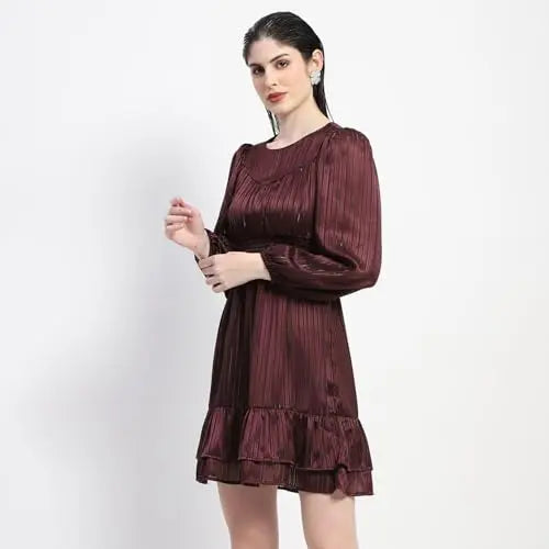 Madame Tiered Hem Cinched Waist Midi Dress Brown SaumyasStore