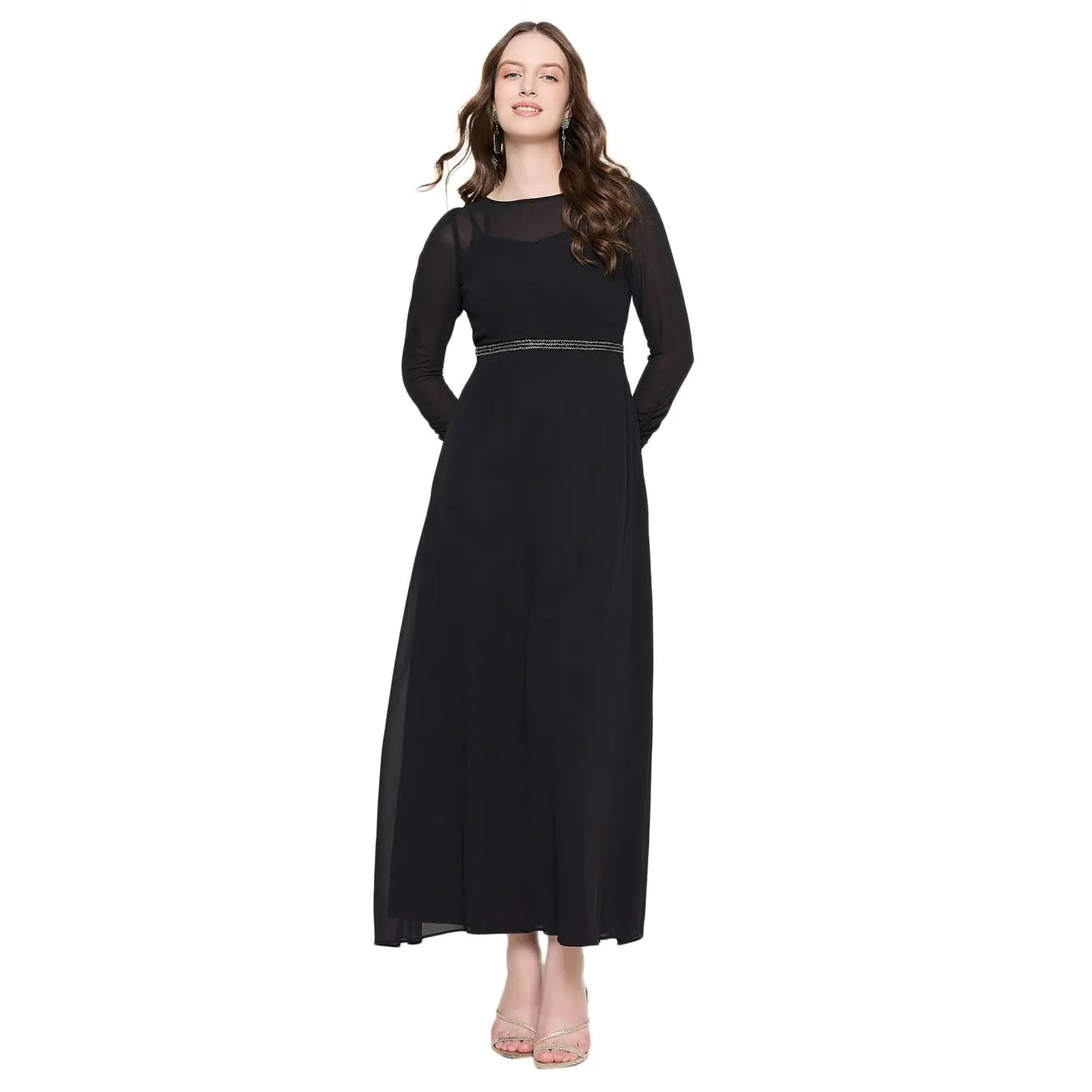 Madame Women Solid Black Round Neck Dress SaumyasStore