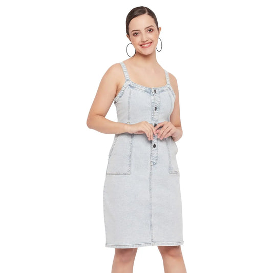 Madame Women Solid Light Blue Strapless Dress SaumyasStore