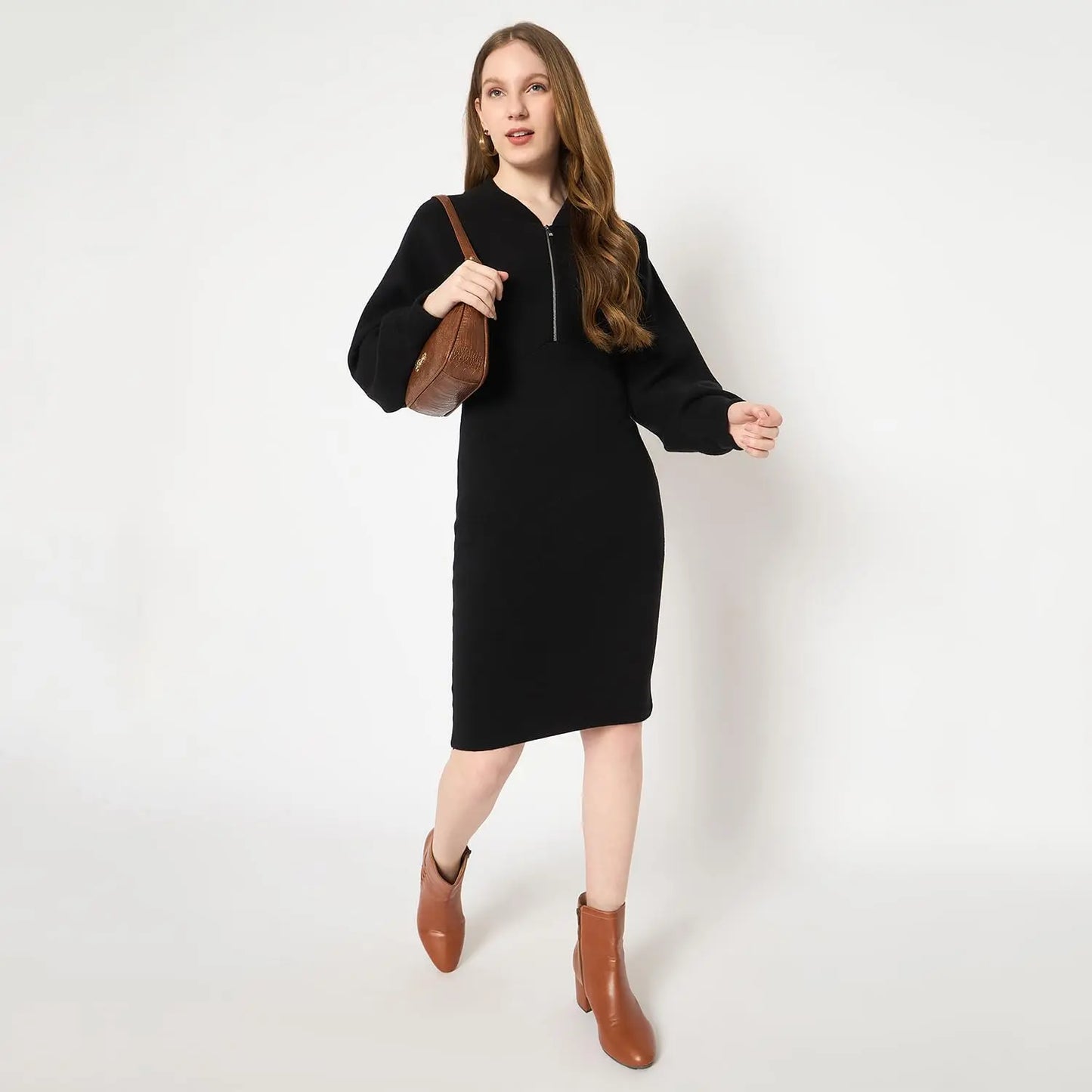 Madame Zipped Knit Dress for Women Black SaumyasStore