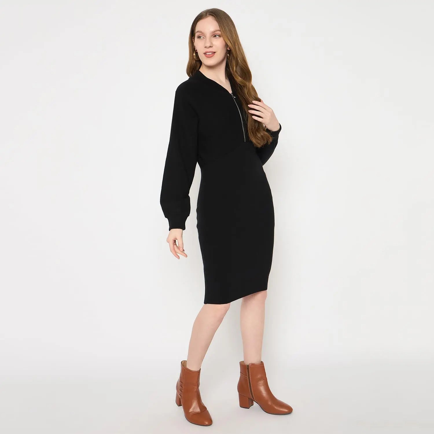 Madame Zipped Knit Dress for Women Black SaumyasStore