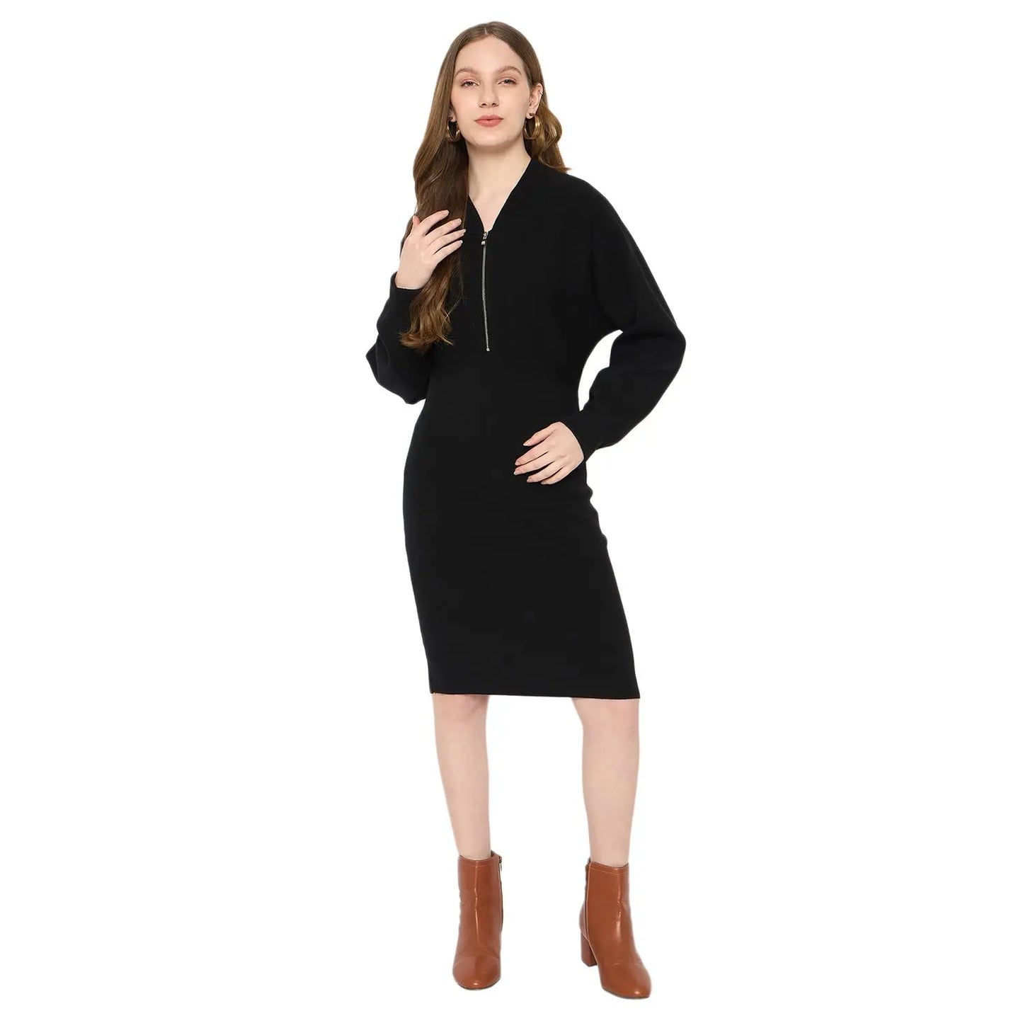 Madame Zipped Knit Dress for Women Black SaumyasStore