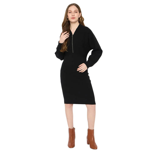Madame Zipped Knit Dress for Women Black SaumyasStore