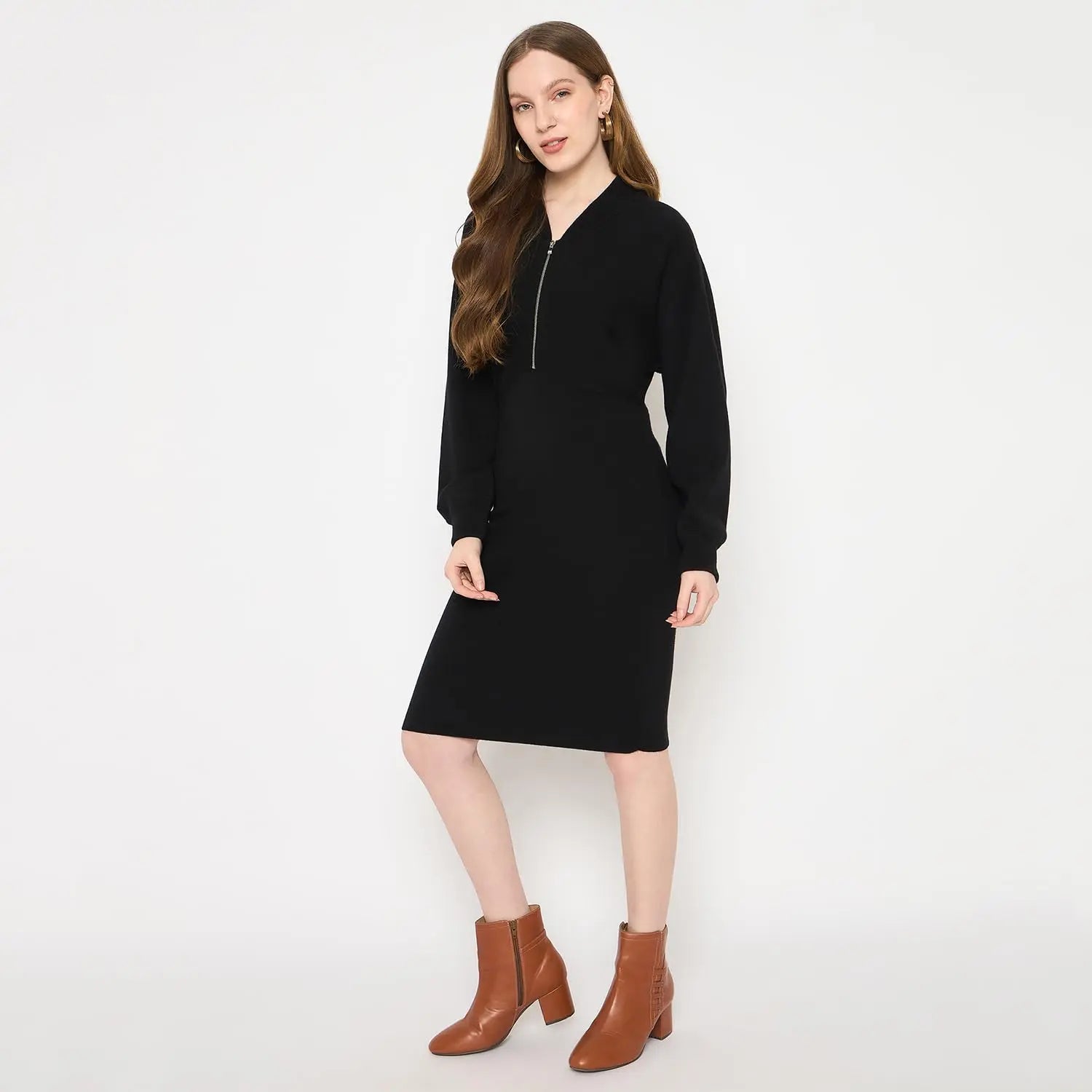 Madame Zipped Knit Dress for Women Black SaumyasStore