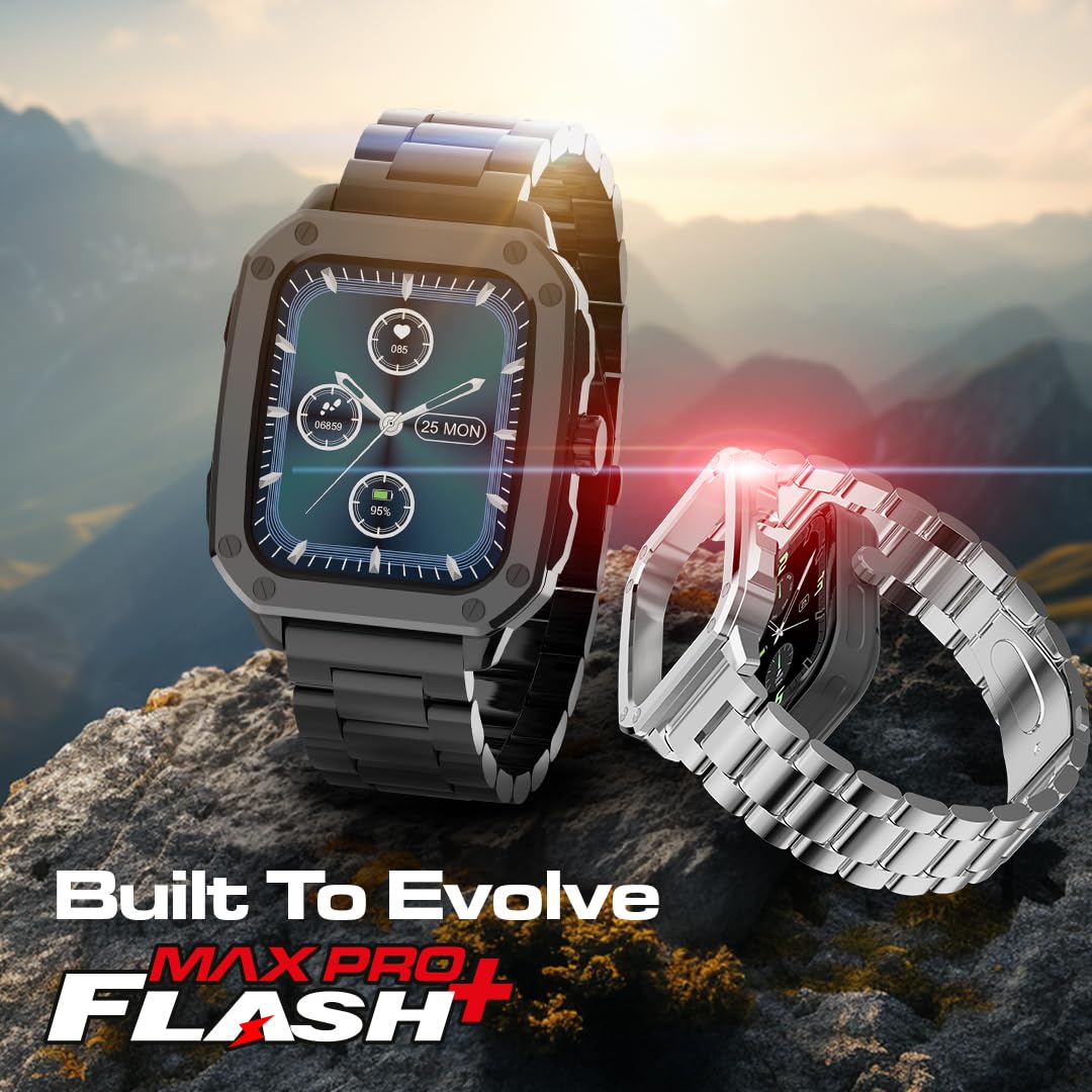 Maxima Flash+ 1.91" Ultra HD Display Bluetooth Calling Smart Watch with Dual Case, Active Crown, 10 Days Battery, 600 Nits Brightness, 100+ Sports Mode, Heart Rate (Silver SS Chain + Black Silicone) SaumyasStore