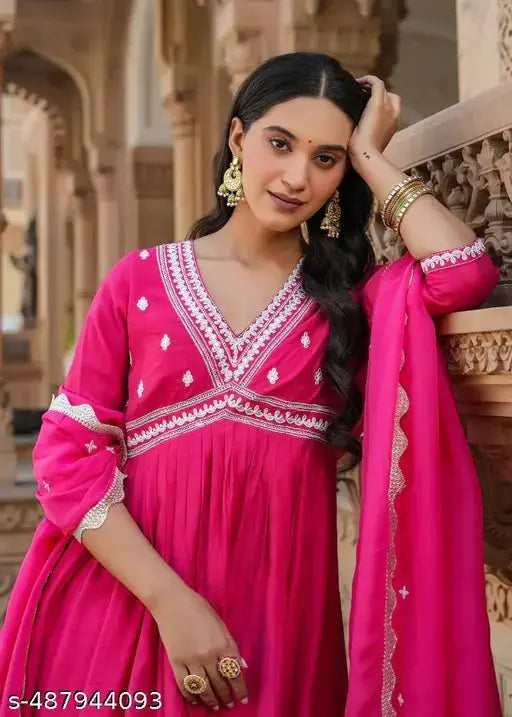 New Designer Collection in Chanderi With Thread Embroidery Work Alia Cut Kurta Pant and Lace Border Dupatta Set Fully Stitched Ready To Wear SaumyasStore