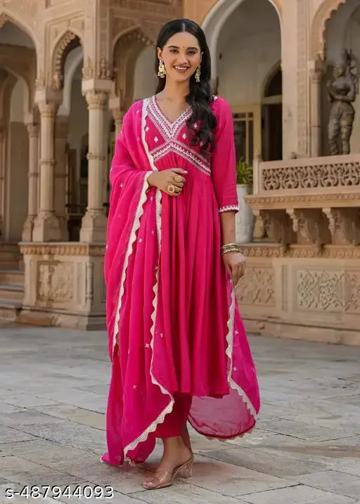 New Designer Collection in Chanderi With Thread Embroidery Work Alia Cut Kurta Pant and Lace Border Dupatta Set Fully Stitched Ready To Wear SaumyasStore