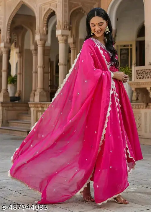 New Designer Collection in Chanderi With Thread Embroidery Work Alia Cut Kurta Pant and Lace Border Dupatta Set Fully Stitched Ready To Wear SaumyasStore