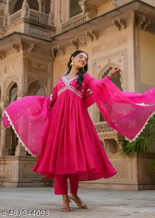 New Designer Collection in Chanderi With Thread Embroidery Work Alia Cut Kurta Pant and Lace Border Dupatta Set Fully Stitched Ready To Wear SaumyasStore