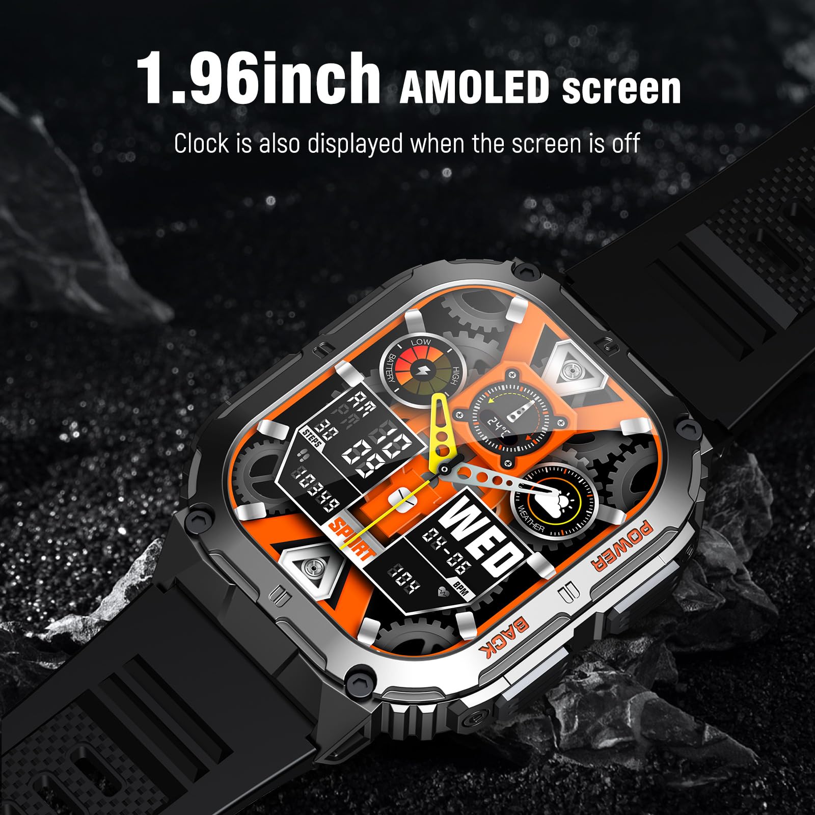 OCTDG Smart Watch(Answer/Make Calls),1.96" AMOLED Display with 110+ Outdoor Sport Modes Fitness Tracker for Men,IP68 Waterproof Military Bluetooth Digital Watches for Android iOS SaumyasStore