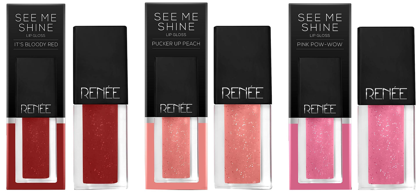 RENEE Lip Gloss 1. Pink Pow-Wow (Glossy) & RENEE Lip Gloss 2. Pucker Up Peach (Glossy) & RENEE Lip Gloss 4. It's Bloody Red (Glossy) SaumyasStore