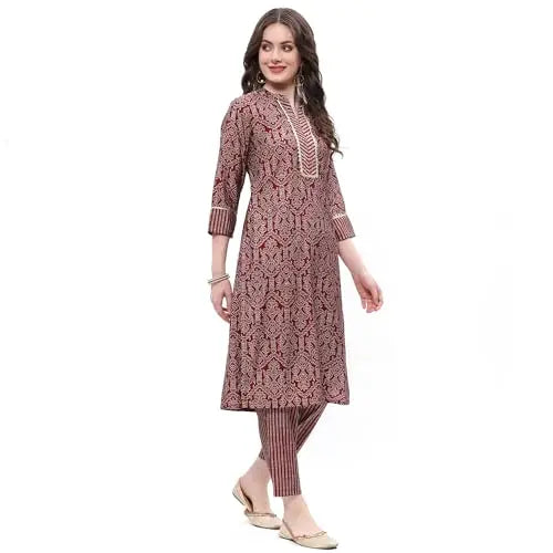 Rangriti Women Viscose Printed Straight Suit Set (FESTIVE19118SS24MRN_Red SaumyasStore
