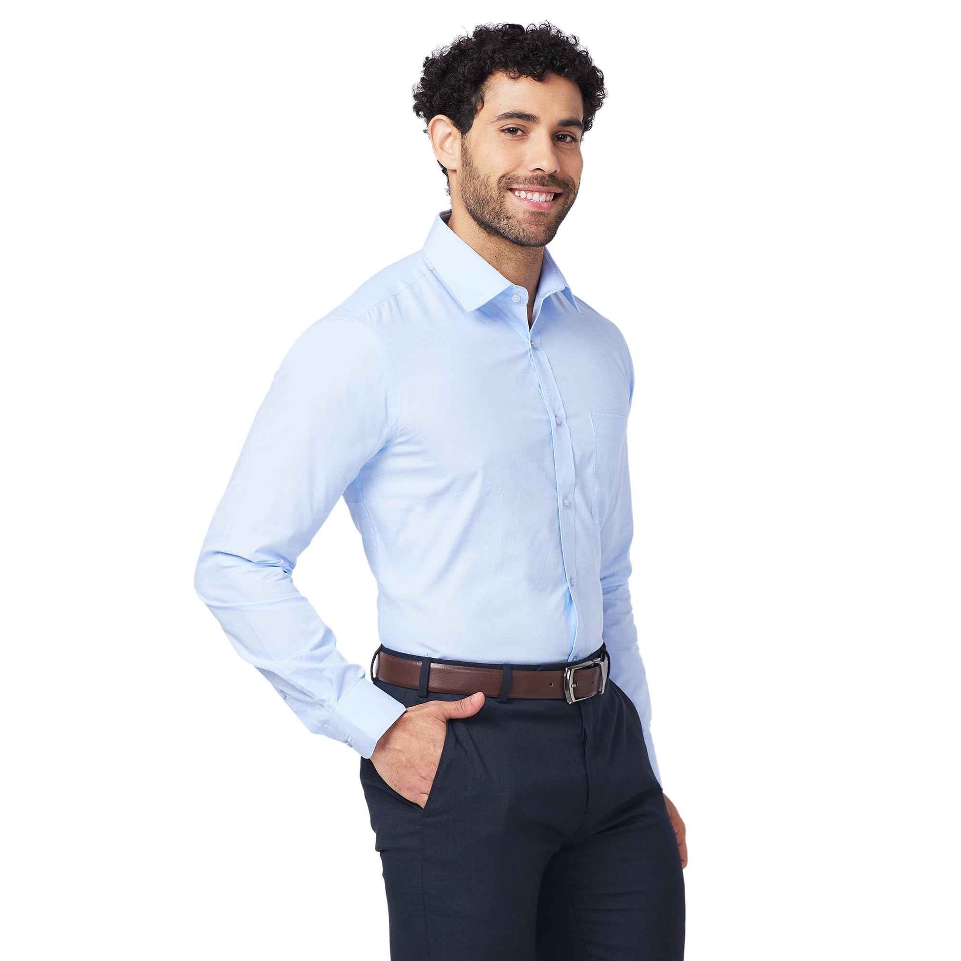 Raymond Men's Slim Fit Pure Cotton Structure Pattern Semi Cutaway Collar Full Sleeve Formal Shirt (Size: 40)-RMSX12860-B2 Light Blue SaumyasStore