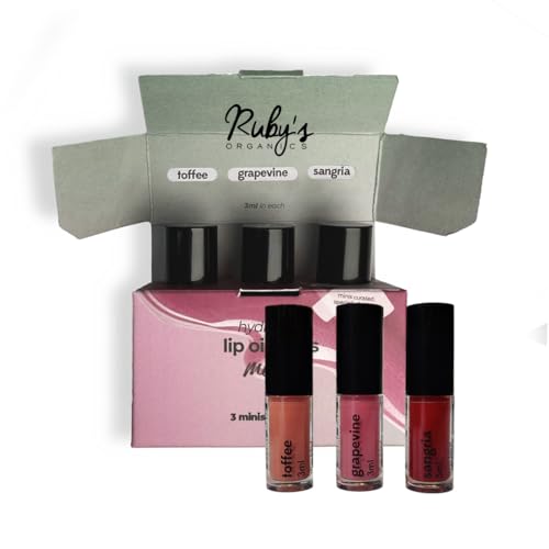 Ruby's Organics Lip Beauty Gift Kit, Lip Oil Glossy Minis Sunset, Moisturizing, Long Lasting, Non Sticky & Non Drying, Natural Lip Makeup, Paraben Free - Sangria, Grapevine and Toffee Shades SaumyasStore