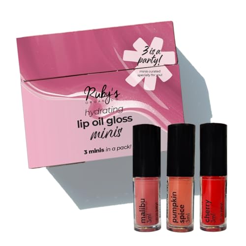 Ruby's Organics Lip Kit Glossy Finish, Lip Oil Gloss Minis Sunrise,Hydrating, Non Sticky & Non Drying Formula,Long Lasting Moisturizing Effect (Pack of 3) - Malibu, Pumpkin Spice and Cherry Shades SaumyasStore