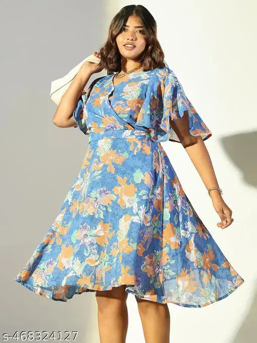 SHOWOFF Women's Blue Floral Fit and Flare Dress SaumyasStore