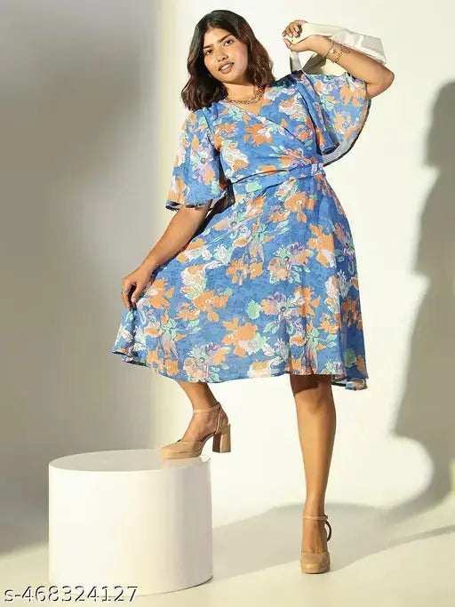 SHOWOFF Women's Blue Floral Fit and Flare Dress SaumyasStore