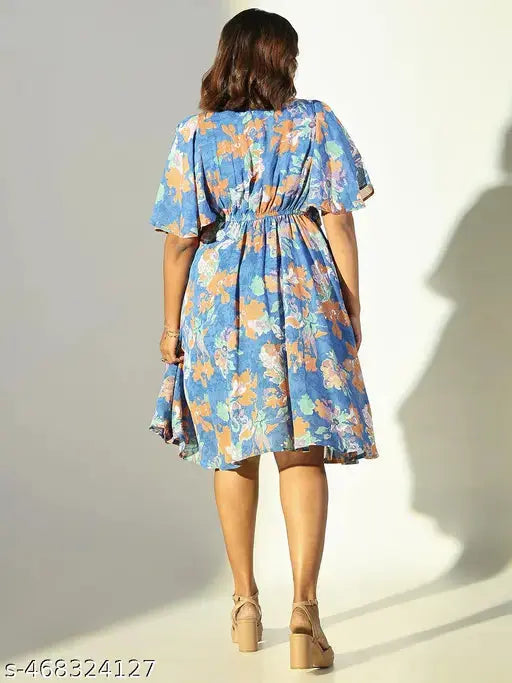 SHOWOFF Women's Blue Floral Fit and Flare Dress SaumyasStore