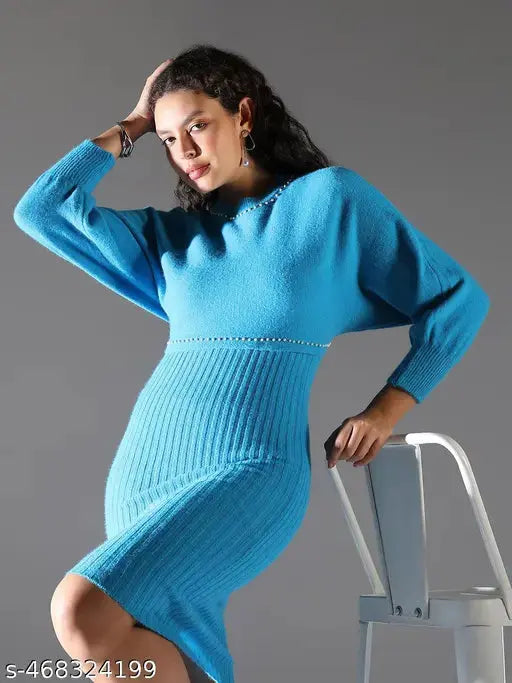 SHOWOFF Women's Blue Striped Bodycon Dress with Upper Top SaumyasStore