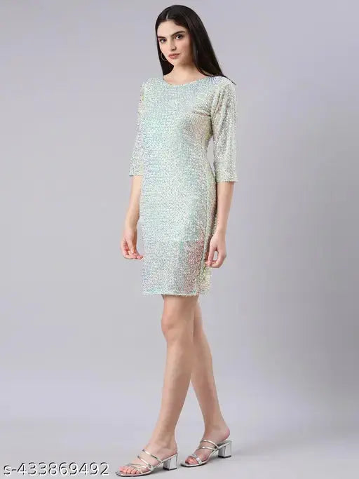 SHOWOFF Women's Bodycon Round Neck Green Embellished Dress SaumyasStore