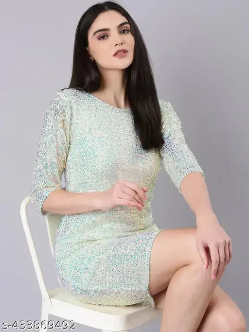 SHOWOFF Women's Bodycon Round Neck Green Embellished Dress SaumyasStore
