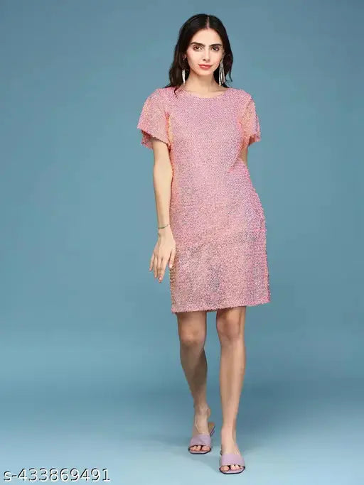 SHOWOFF Women's Bodycon Round Neck Peach Embellished Dress SaumyasStore