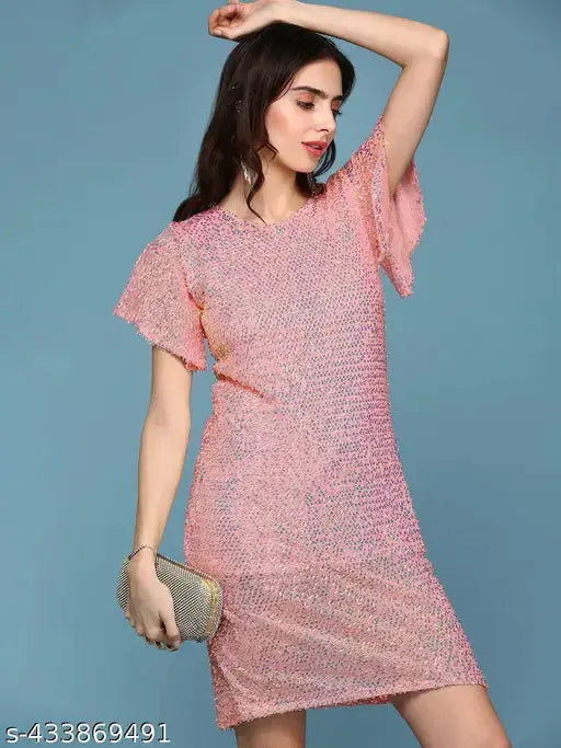 SHOWOFF Women's Bodycon Round Neck Peach Embellished Dress SaumyasStore