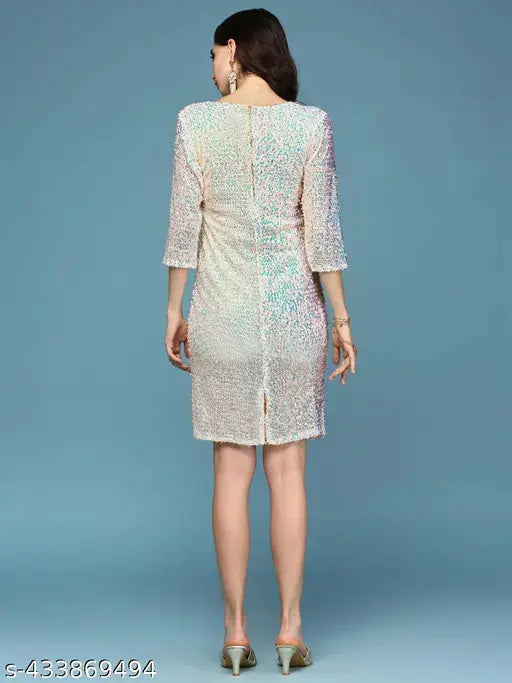 SHOWOFF Women's Bodycon Round Neck Peach Embellished Dress SaumyasStore