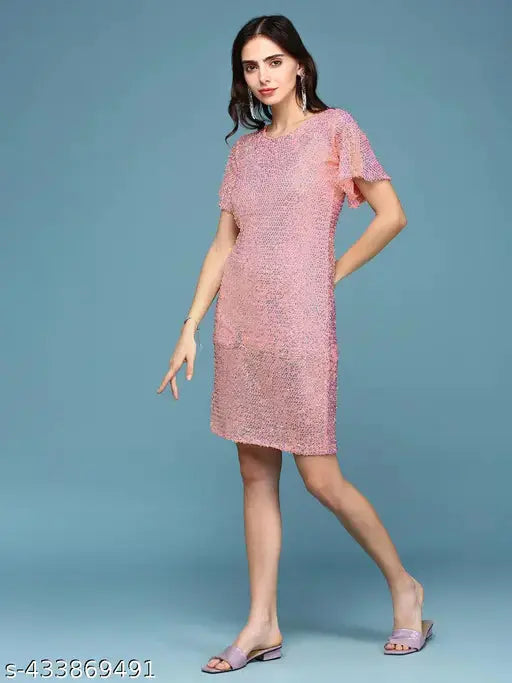 SHOWOFF Women's Bodycon Round Neck Peach Embellished Dress SaumyasStore