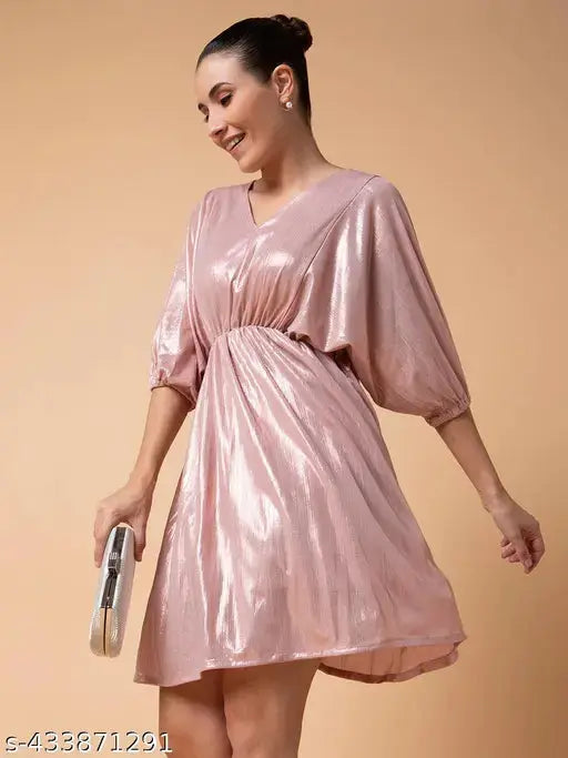 SHOWOFF Women's Fit and Flare V-neck Peach Solid Dress SaumyasStore