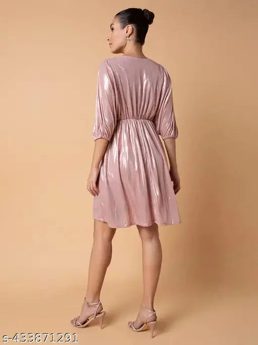 SHOWOFF Women's Fit and Flare V-neck Peach Solid Dress SaumyasStore