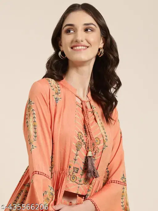 SHOWOFF Women's Floral Orange A-Line Top and Trousers SaumyasStore