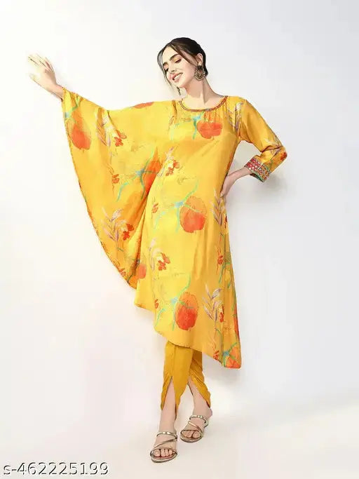 SHOWOFF Women's Floral Yellow Kaftan Kurta and Dhoti Pants SaumyasStore