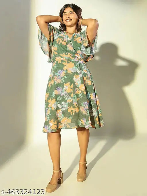 SHOWOFF Women's Green Floral Fit and Flare Dress SaumyasStore