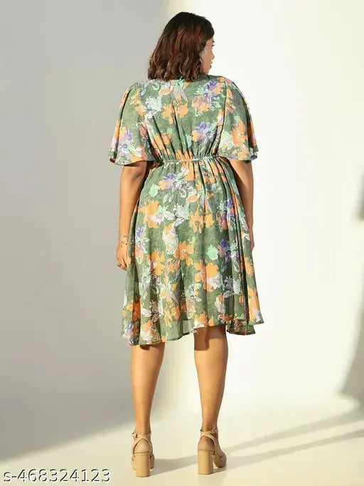 SHOWOFF Women's Green Floral Fit and Flare Dress SaumyasStore