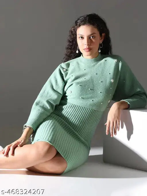 SHOWOFF Women's Green Solid Bodycon Dress with Upper Top SaumyasStore