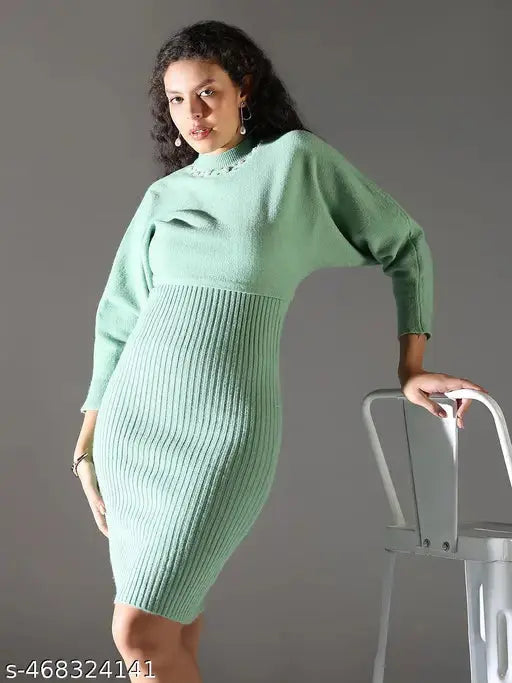 SHOWOFF Women's Green Solid Bodycon Dress with Upper Top SaumyasStore
