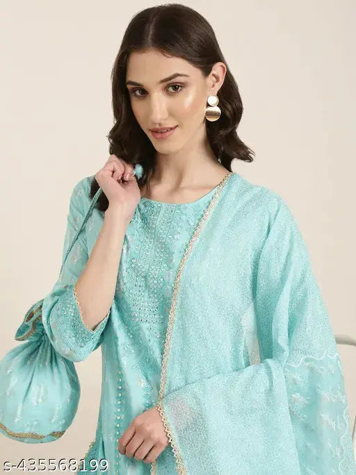 SHOWOFF Women's Paisley Turquoise Blue Straight Kurta and Sharara With Dupatta SaumyasStore