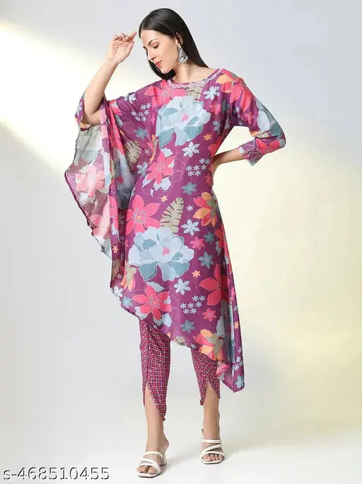 SHOWOFF Women's Purple Floral Asymmetric Kurta and Dhoti Pants SaumyasStore