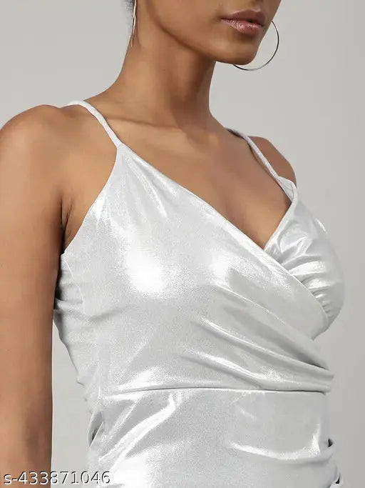 SHOWOFF Women's Sheath Shoulder Straps Grey Solid Dress SaumyasStore