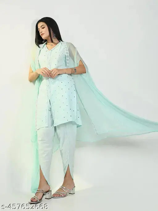 SHOWOFF Women's Solid Blue Straight Kurta and Dhoti Pants with Overcoat SaumyasStore