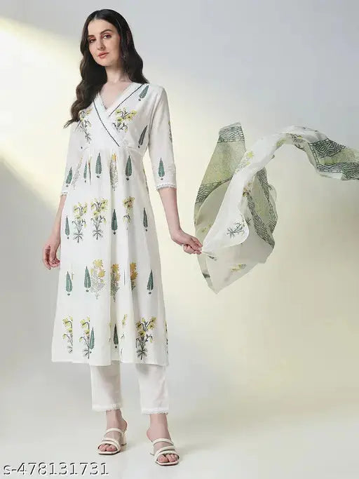 SHOWOFF Women's White Floral Anarkali Kurta and Trousers with Dupatta SaumyasStore
