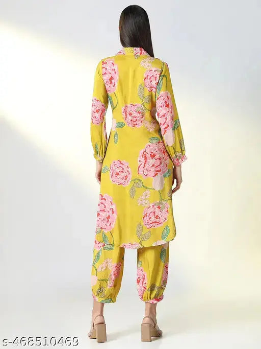 SHOWOFF Women's Yellow Floral Straight and Patiala SaumyasStore