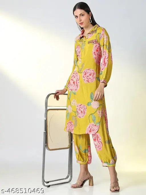 SHOWOFF Women's Yellow Floral Straight and Patiala SaumyasStore
