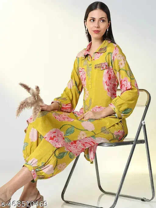 SHOWOFF Women's Yellow Floral Straight and Patiala SaumyasStore