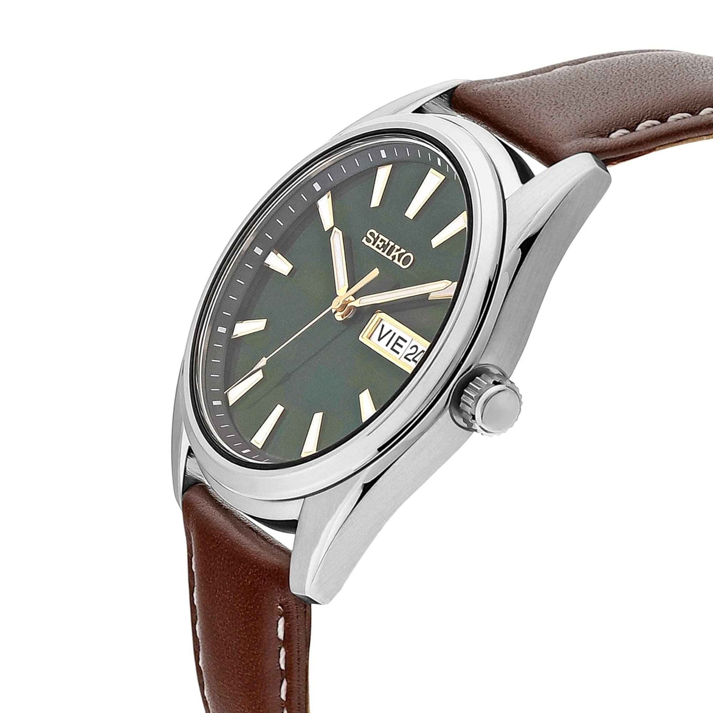 Seiko Dress Analog Green Dial Men's Watch-SUR449P1 Genuine Leather, Brown Strap SaumyasStore
